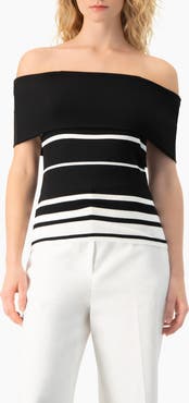 IVONNE Bardot Stripe Off-Shoulder Short-Sleeve Knit Top