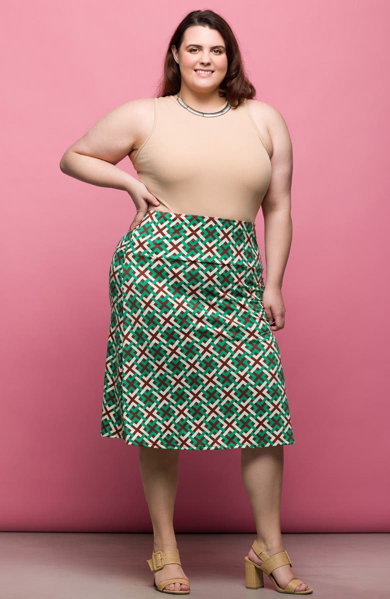 24seven Comfort Apparel Geo Print Elastic Waist Midi Skirt, Alternate, color, Green Multi