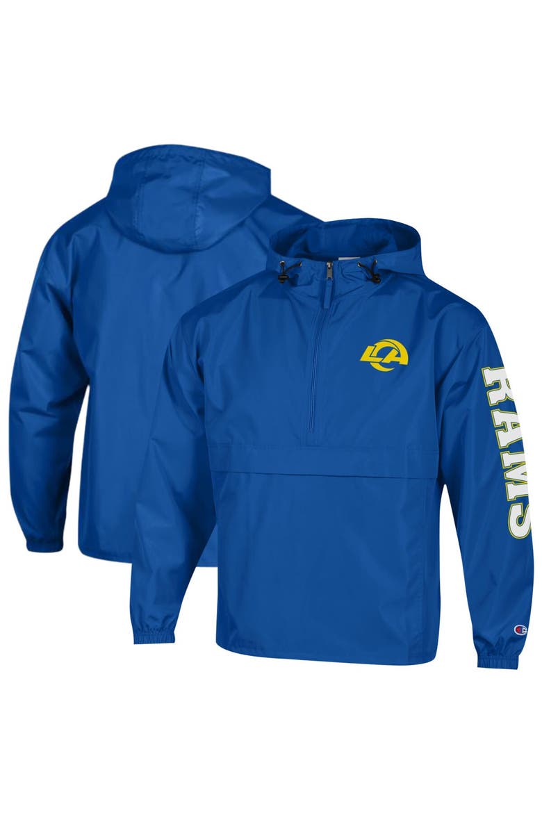 Men's Champion Royal Los Angeles Rams Packable Hooded Windbreaker Half-Zip Jacket, Main, color, Royal