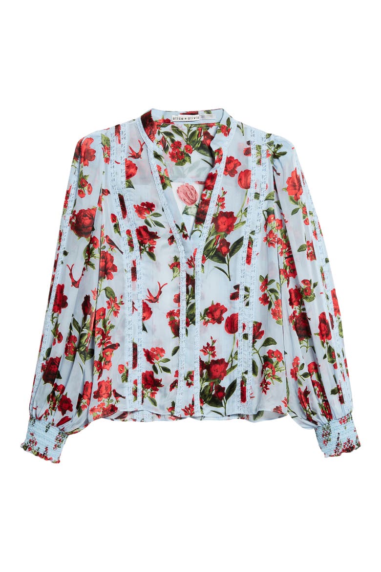 Arlette Floral Print Lace Trim Top, Alternate, color, AMERICAN BEAUTY CAROLINA BLUE