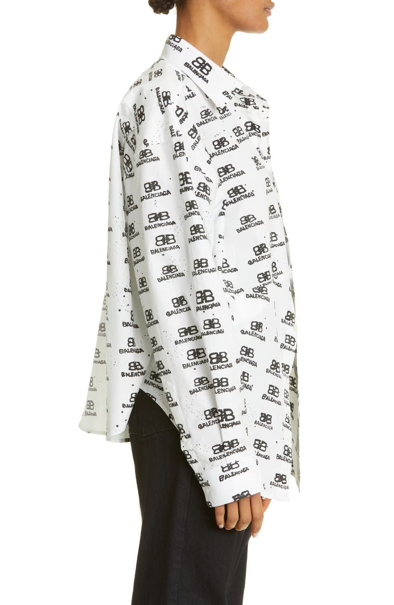 Balenciaga Hand Drawn BB Icon Cotton Poplin Button-Up Shirt, Alternate, color, 