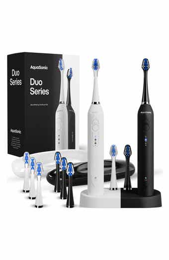 AQUASONIC DUO Dual Ultrasonic Toothbrushes with 10 DuPont Brush Heads & 2 Travel Cases