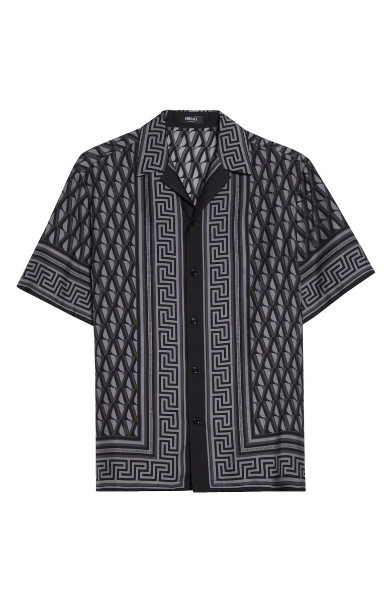 Versace Informal Silk Twill Camp Shirt, Main, color, Dark Anthracite Tonal