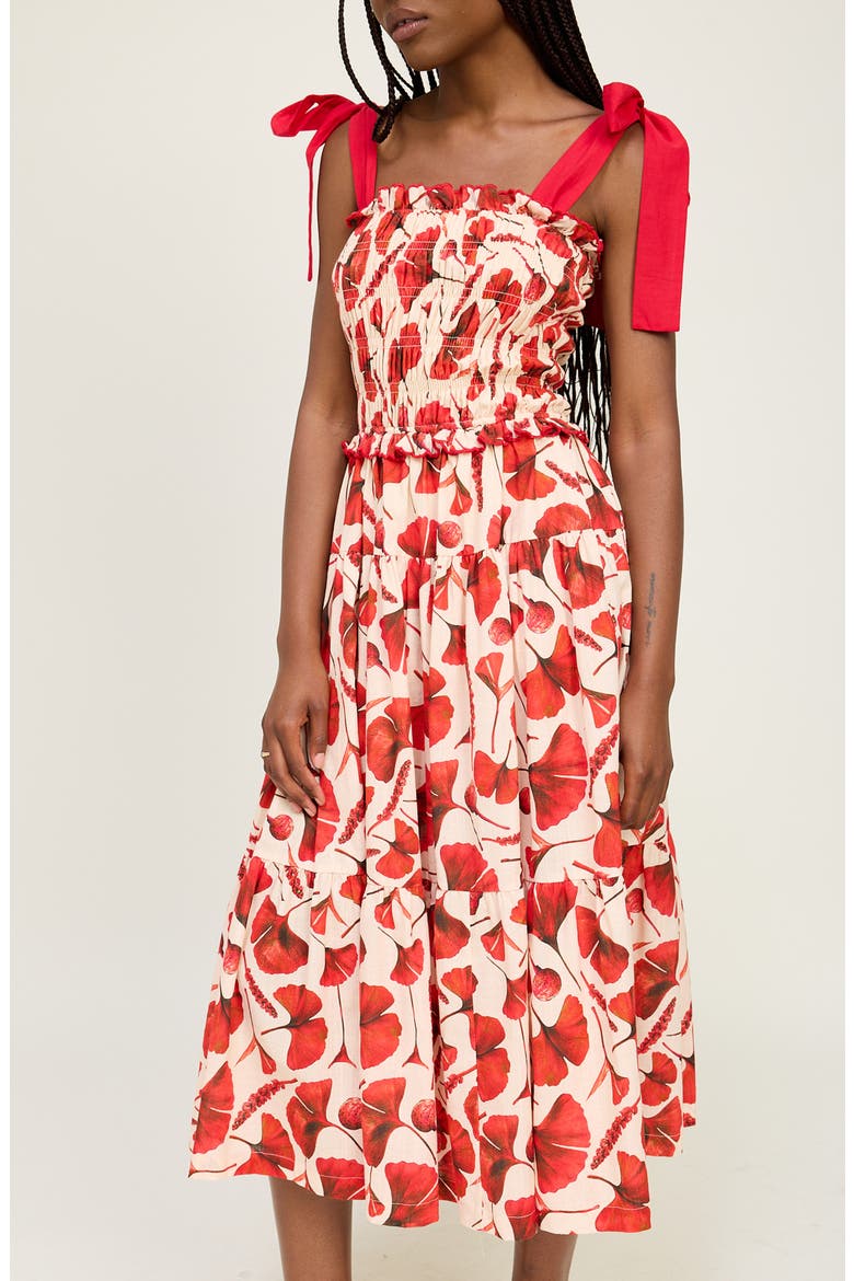Josie Gingko Leaf Print Cotton Blend Sundress, Alternate, color, NATURAL RED