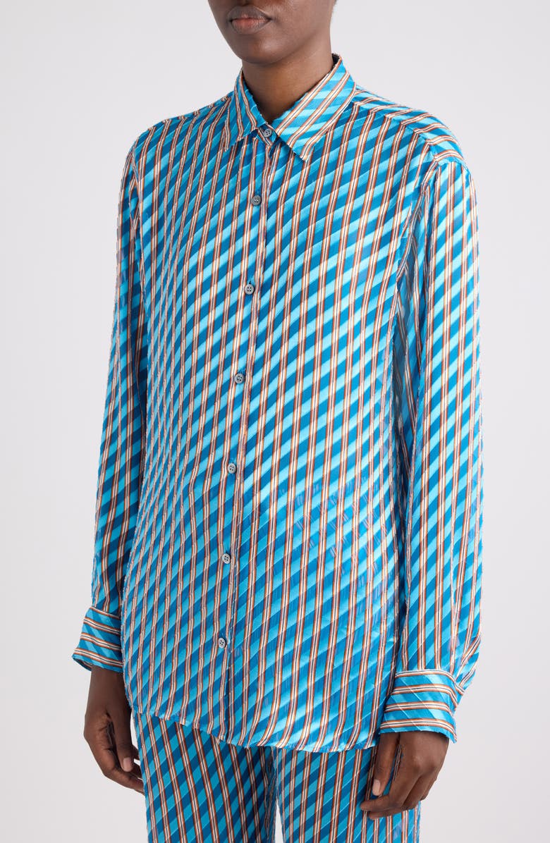 Dries Van Noten Clavelly Devoré Diagonal Stripe Button-Up Shirt, Alternate, color, Turquoise