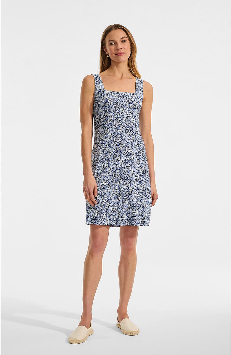 Lands' End Silky Knit Mini Shift Dress, Main, color, Navy/Clear Blue Ditsy Floral