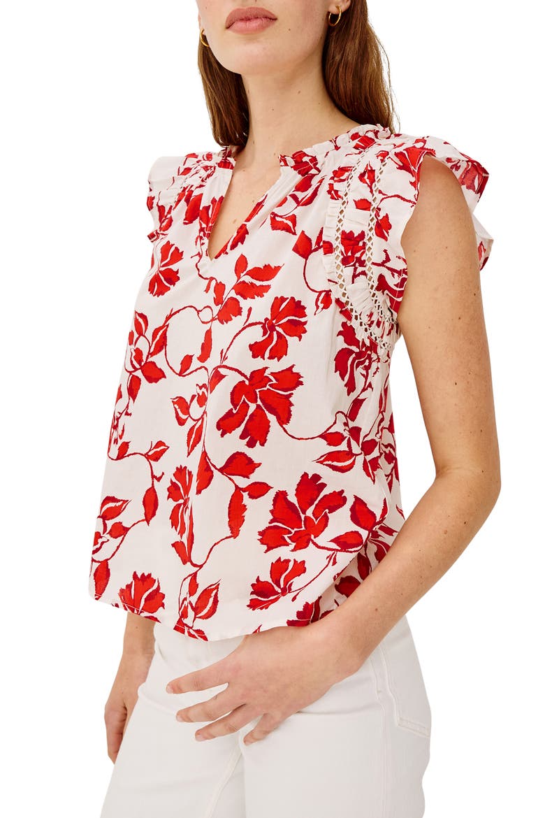Floral Ladder Stitch Flutter Sleeve Top, Alternate, color, RED JASMINE