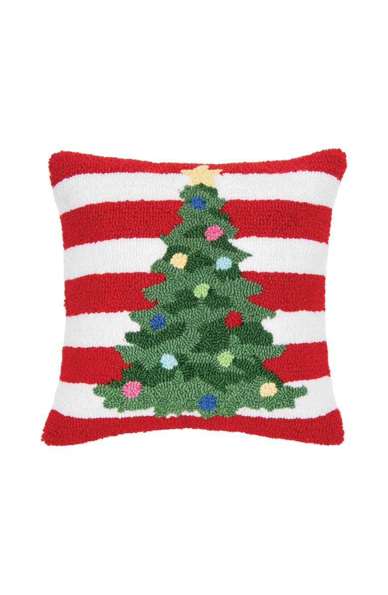 C&F Home Christmas Tree & Candy Cane Striped Hooked Accent Throw Pillow 16" x 16", Main, color,