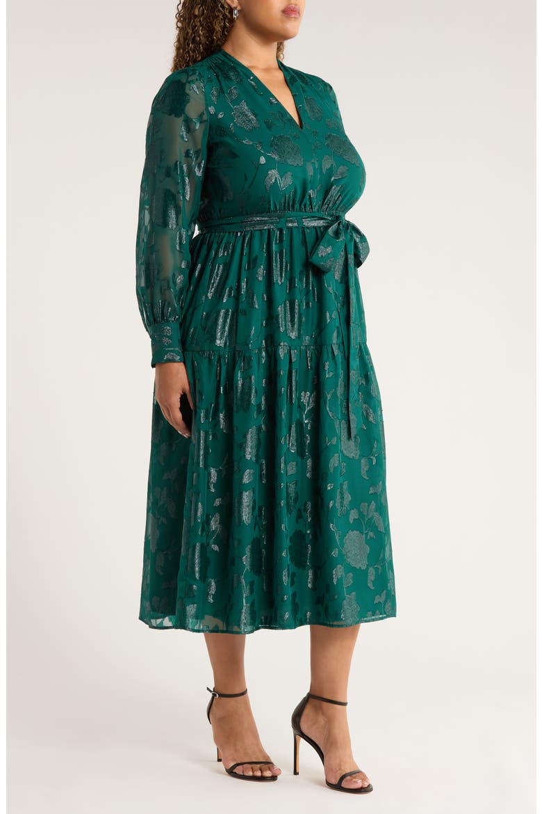 Floral Metallic Long Sleeve Asymmetric Tiered Dress, Alternate, color, MIDNIGHT PINE