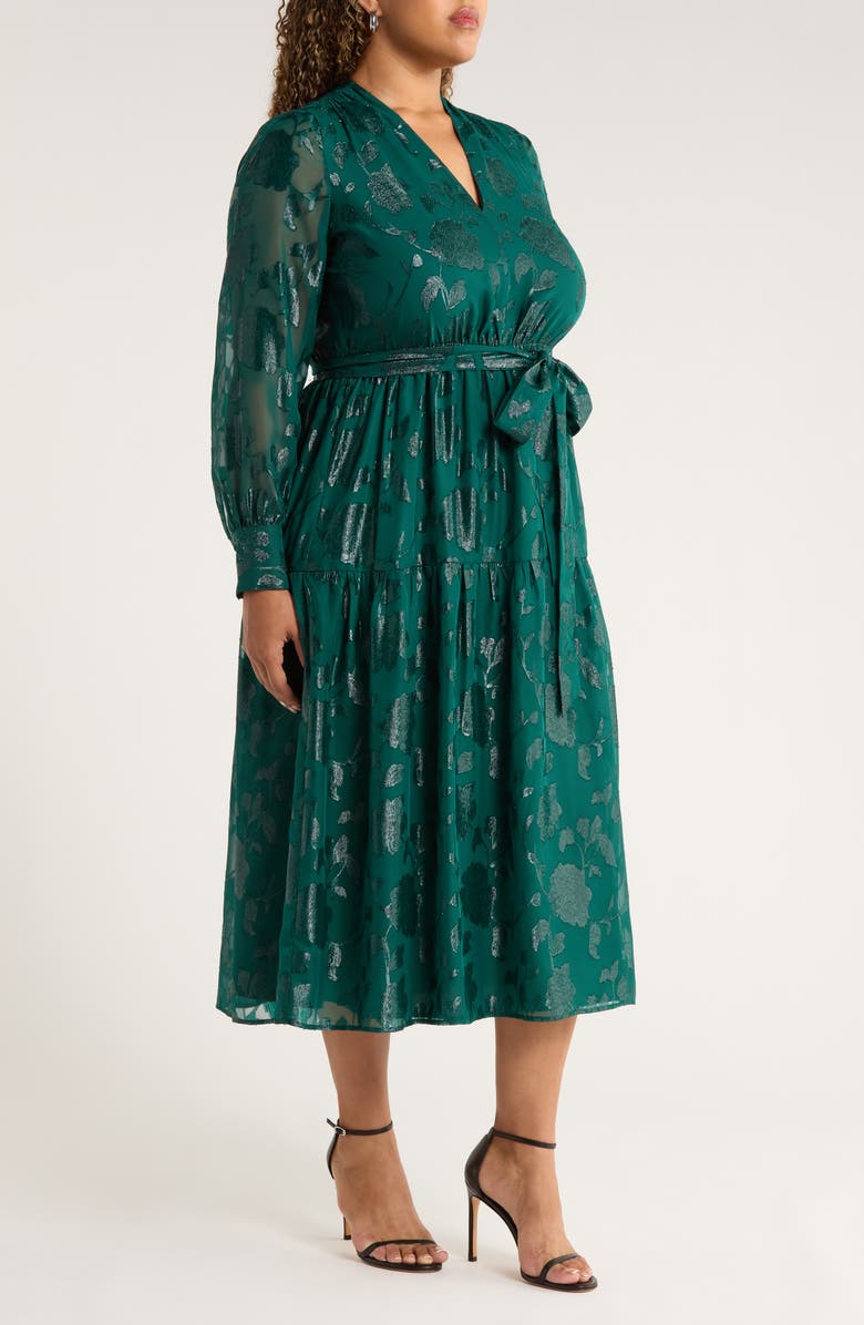 Anne Klein Floral Metallic Long Sleeve Asymmetric Tiered Dress, Alternate, color, Midnight Pine