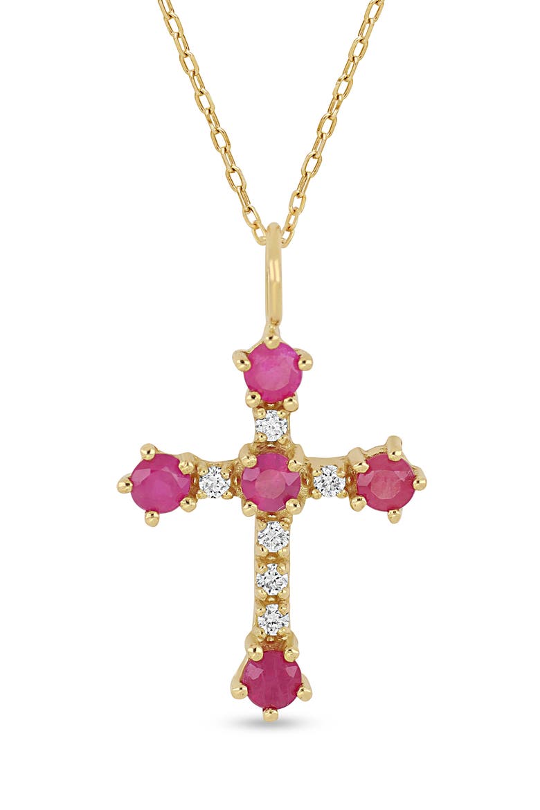 18K Gold El Mar Gemstone & Diamond Cross Pendant Necklace (Online Trunk Show), Alternate, color, 18K YG/ DIAMOND/ RUBY