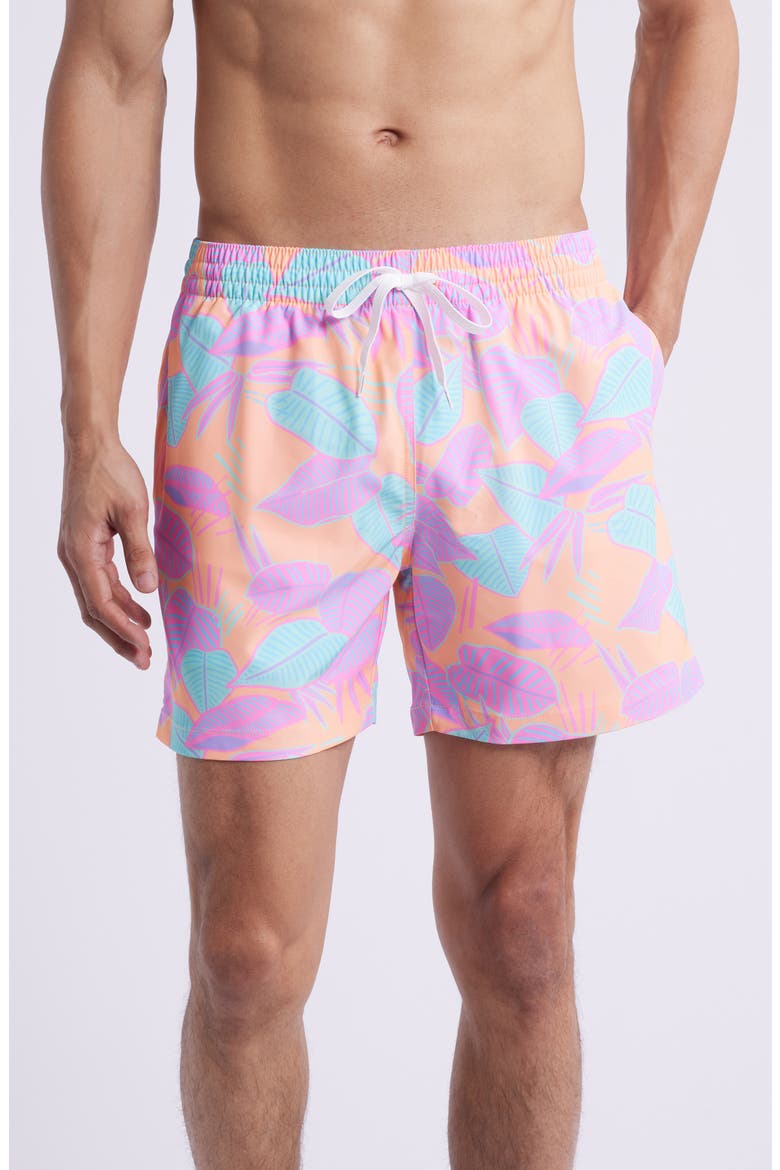 The Posh Palms 5.5-Inch Swim Trunks, Main, color, BRIGHT ORANGE - PATTERN BASE