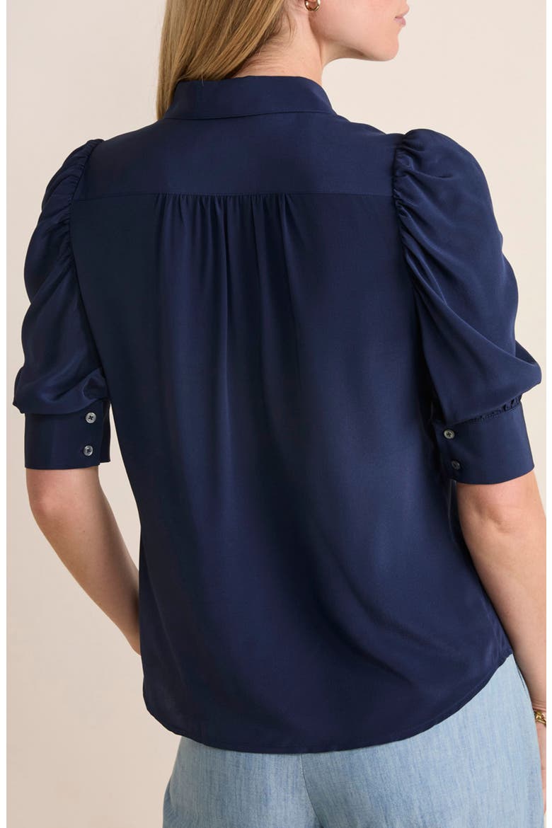 Puff Sleeve Silk Crêpe de Chine Button-Up Shirt, Alternate, color, NAUTICAL NAVY
