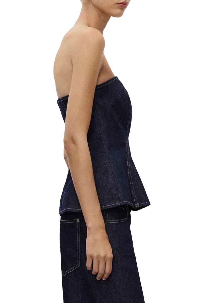 MANGO Strapless Denim Peplum Top, Alternate, color, Blue