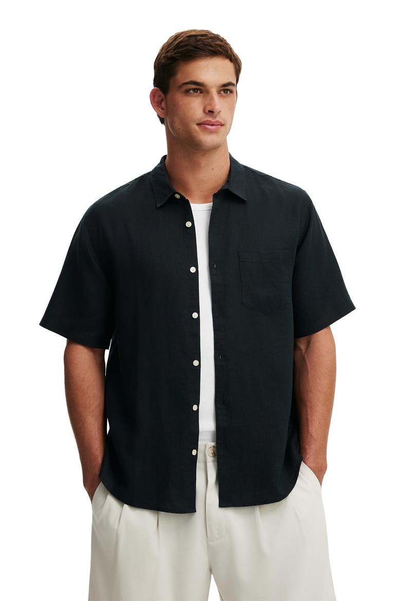 Men's Relaxed Linen Short Sleeve Shirt, Main, color, Faded Black