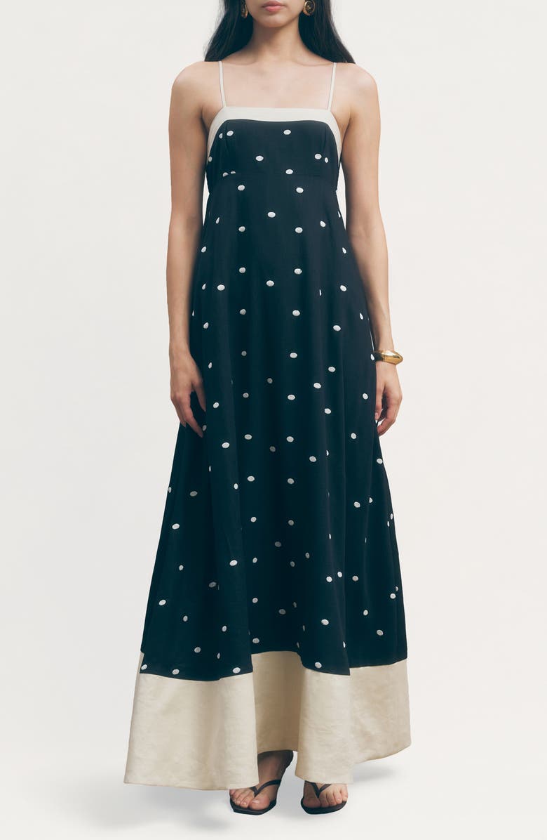 MAUDE CLUB Jacky Polka Dot A-Line Dress, Main, color, Black Sand