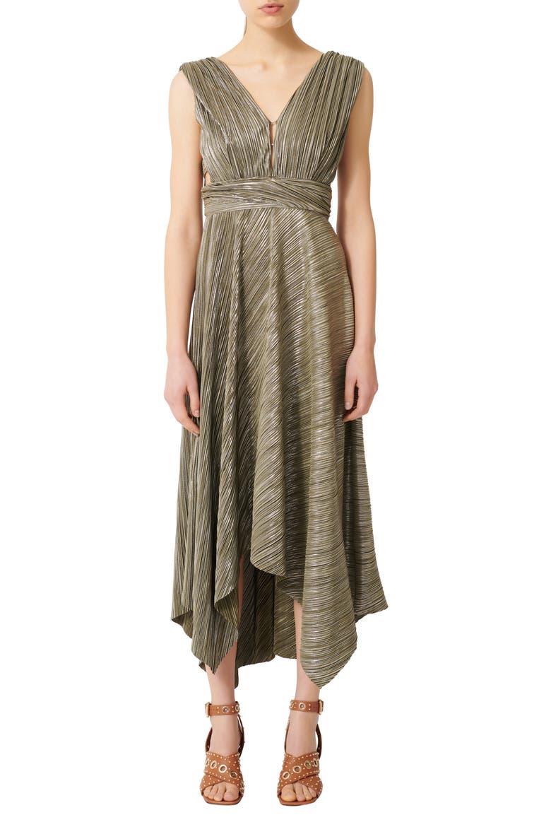 Metallic Plissé Handkerchief Hem Midi Dress, Main, color, KHAKI GREEN
