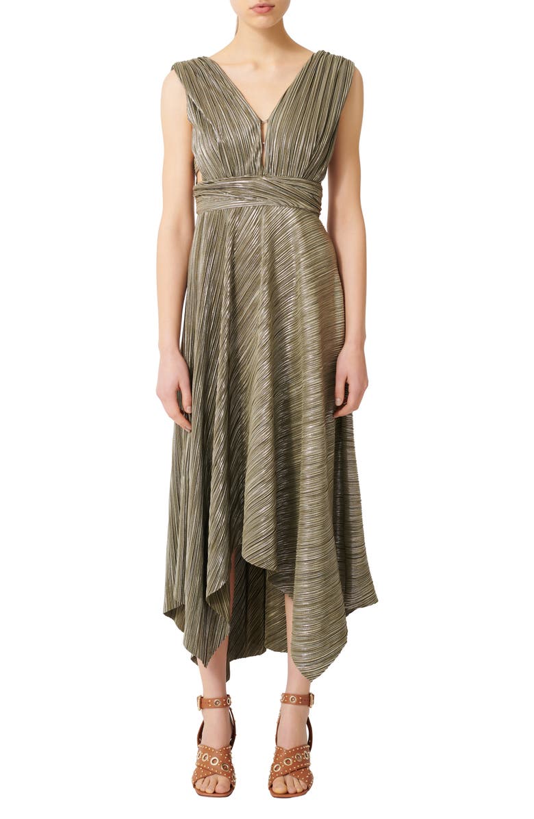 maje Metallic Plissé Handkerchief Hem Midi Dress, Main, color,