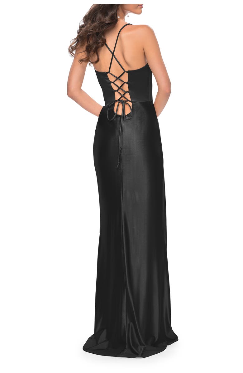 La Femme Stretch Satin Gown with Bustier Top and Lace Up Back, Alternate, color, Black