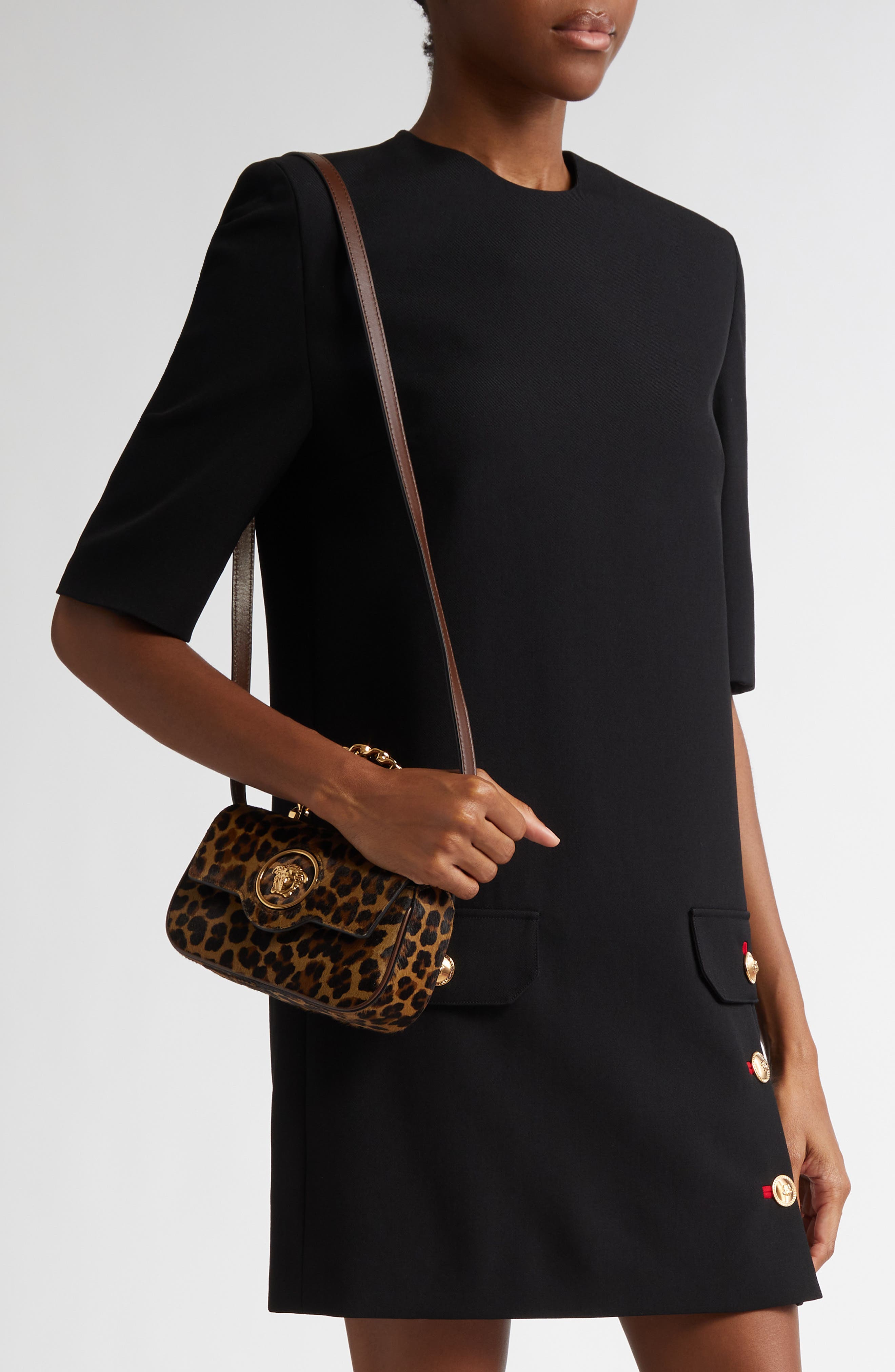 Versace Mini La Medusa Leopard Print Genuine Calf Hair Top Handle Bag, Alternate, color, 