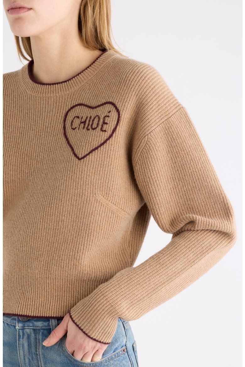 Embroidered Logo Heart Wool & Cashmere Sweater, Alternate, color, BLEACHED BROWN
