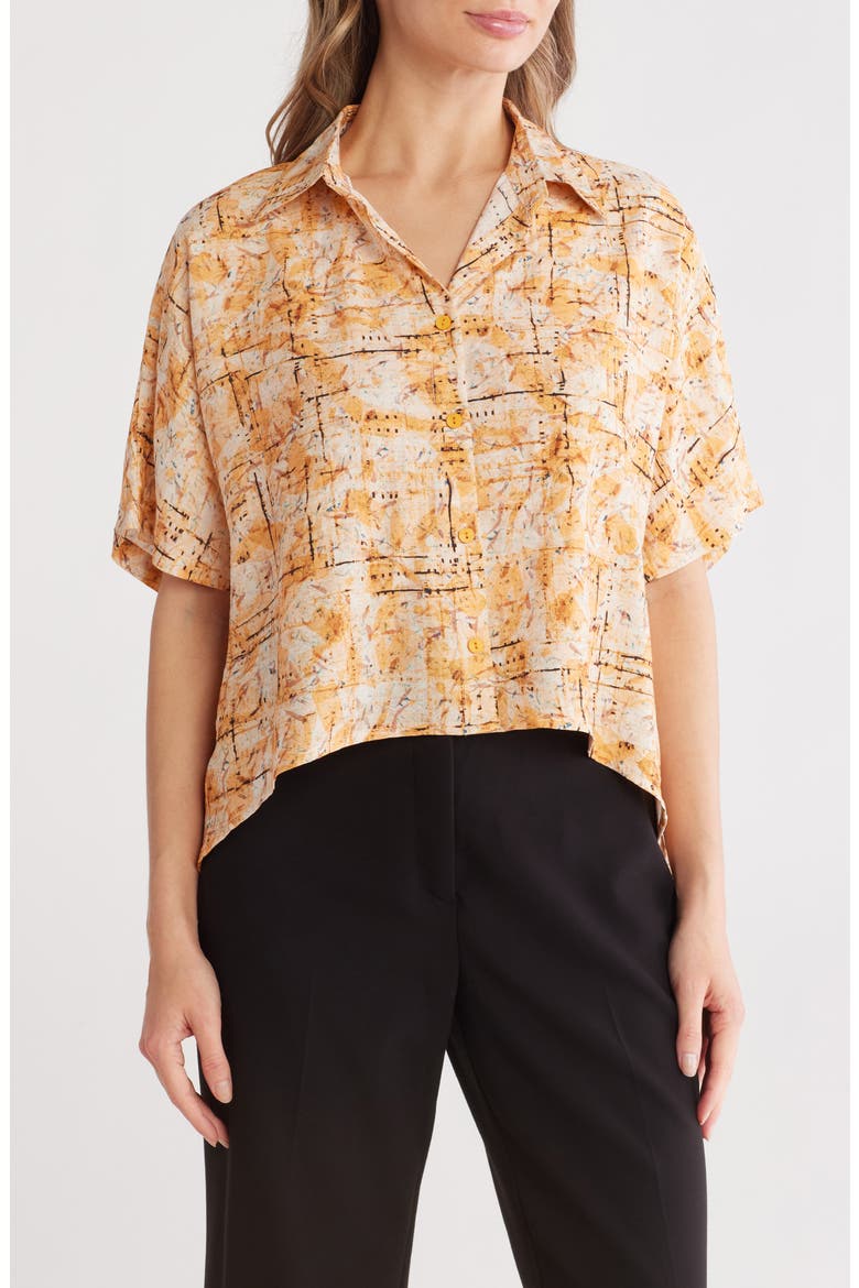 Abstract Print Short Sleeve Button-Up Shirt, Main, color, YELLOW