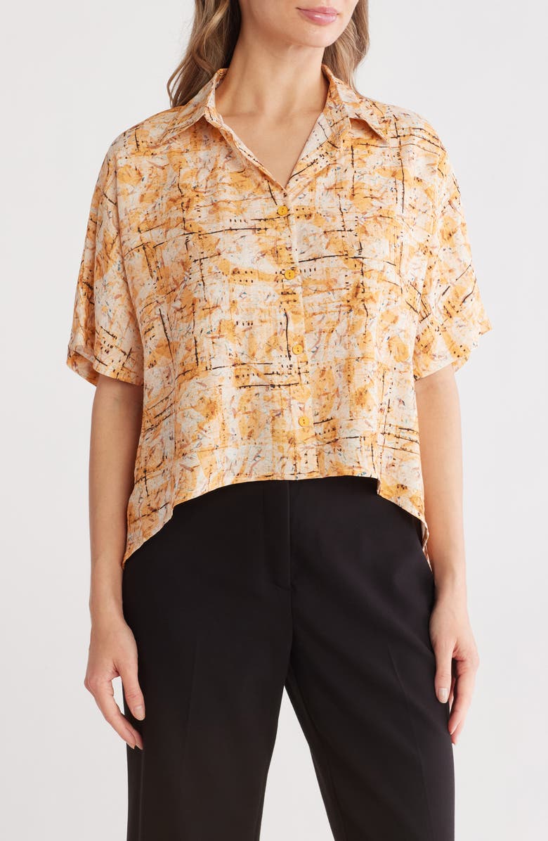 PATRIZIA LUCA Abstract Print Short Sleeve Button-Up Shirt, Main, color, Yellow