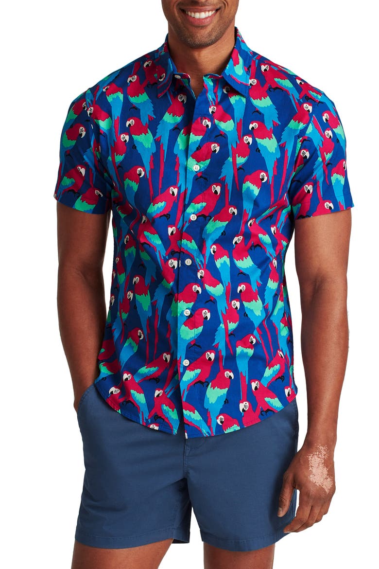 Rivie Slim Fit Parrots Short Sleeve Stretch Button-Up Shirt, Main, color, PARROTS - NEW INDIGO