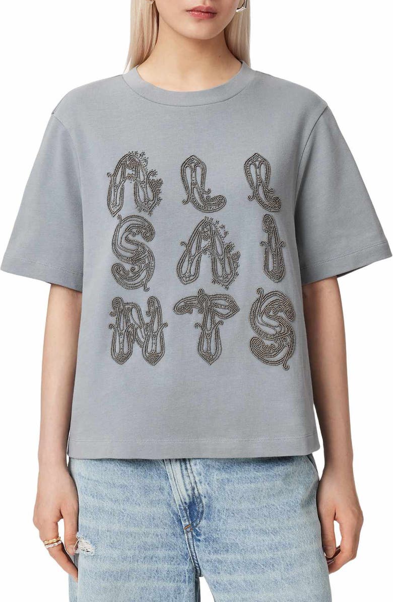 AllSaints Ella Lisa Beaded Cotton T-Shirt, Main, color, Quarry Blue