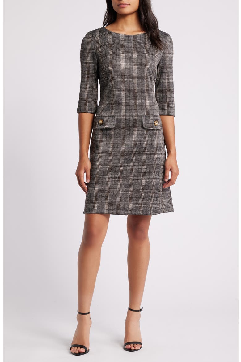 Plaid Knit A-Line Dress, Main, color, BLACK