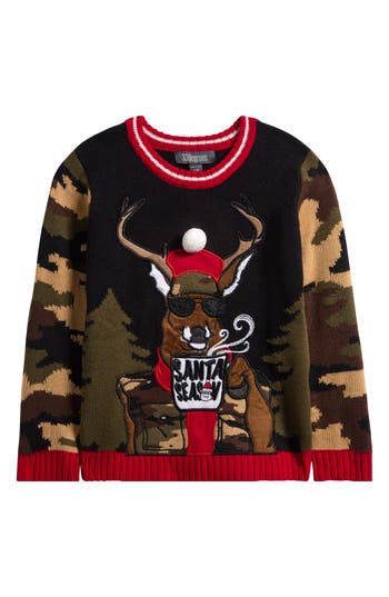 33 Degrees Kids' Camo Reindeer Holiday Sweater In Brown