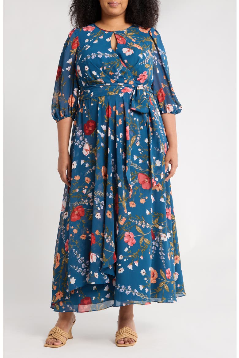 Floral Long Sleeve Maxi Dress, Main, color, TEAL