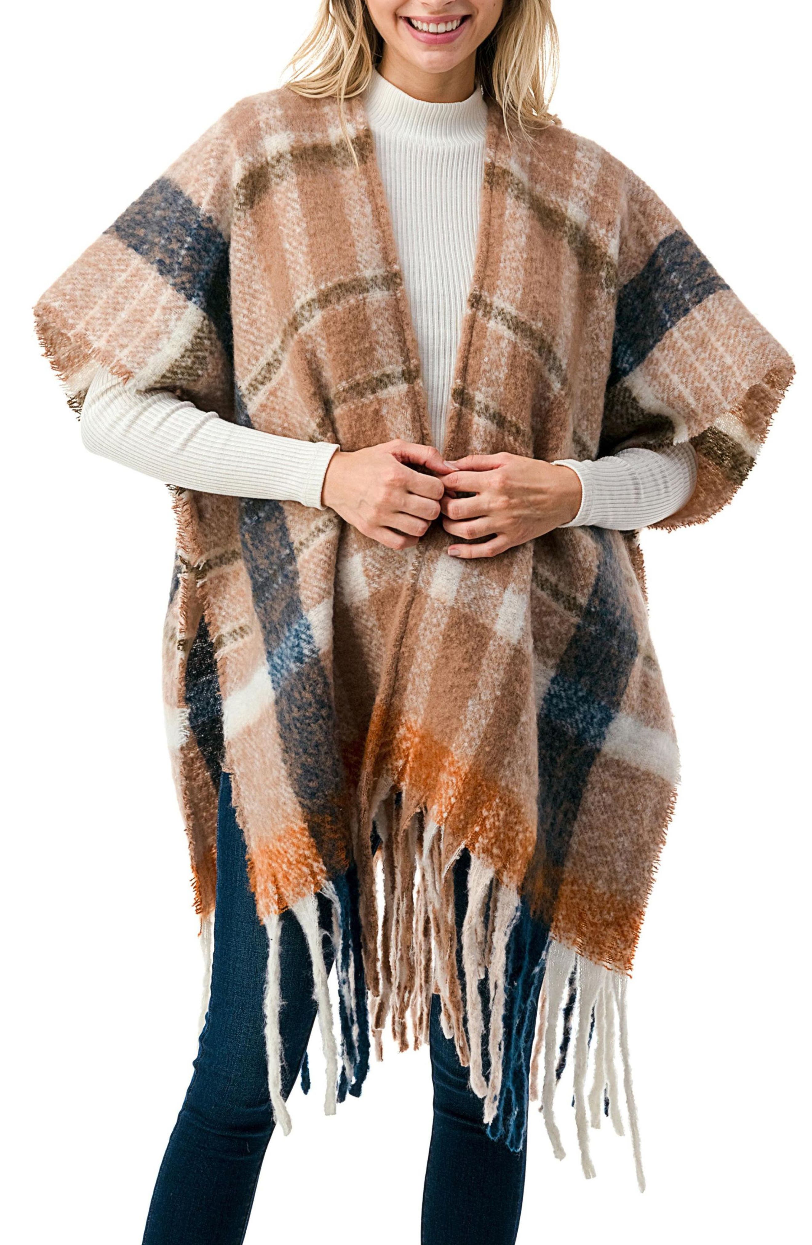 MARCUS ADLER Fringe Plaid Ruana