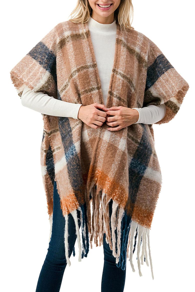 Fringe Plaid Ruana, Main, color, BROWN