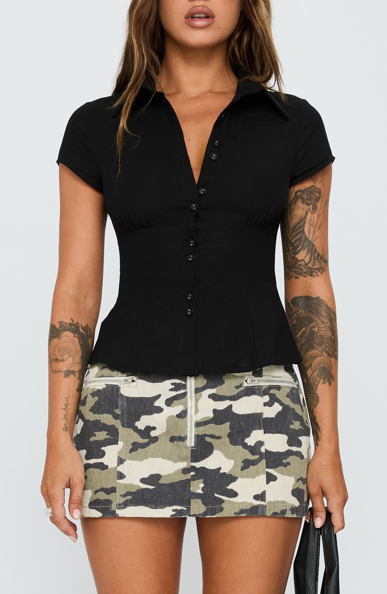 Princess Polly Cottesloe Fitted Button-Up Shirt, Main, color, Black