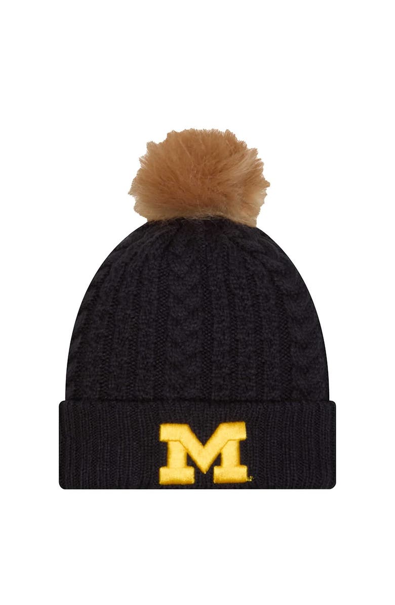New Era Women's New Era Navy Michigan Wolverines Luxury Cuffed Knit Hat with Pom, Main, color,