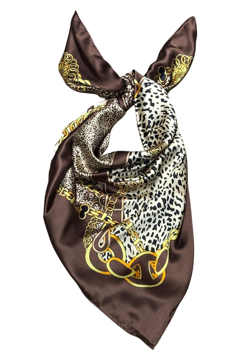 Animal Print Satin Square Scarf, Alternate, color, BROWN