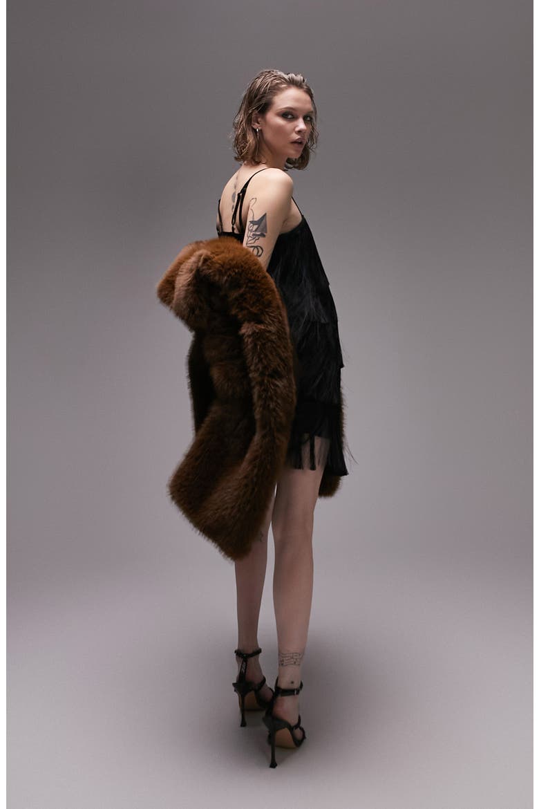 Faux Fur Longline Coat, Alternate, color, BROWN
