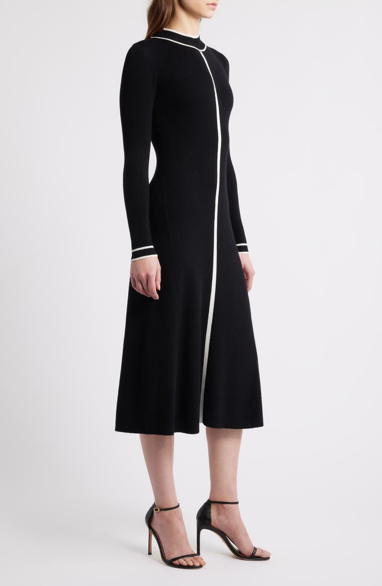 Elie Tahari The Noemi Contrast Trim Long Sleeve Rib Midi Dress, Alternate, color, Noir/ Sky White