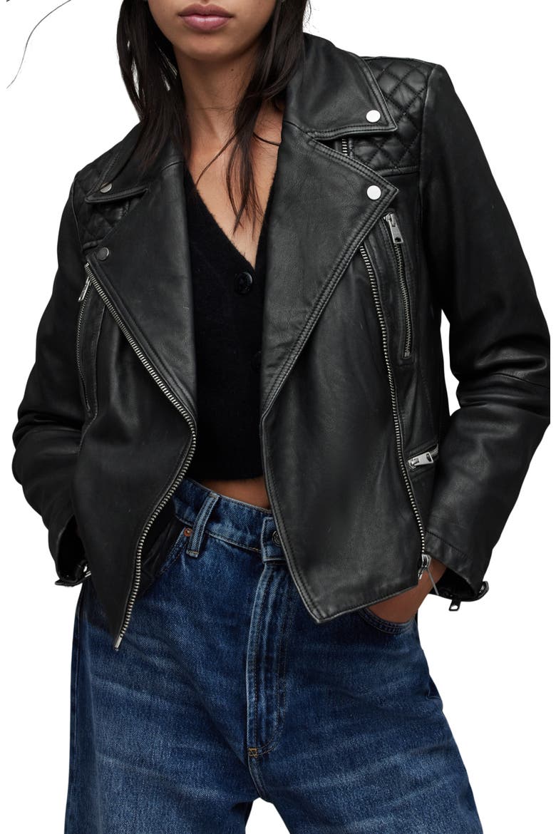 Cargo Distressed Leather Biker Jacket, Main, color, BLACK/ GREY