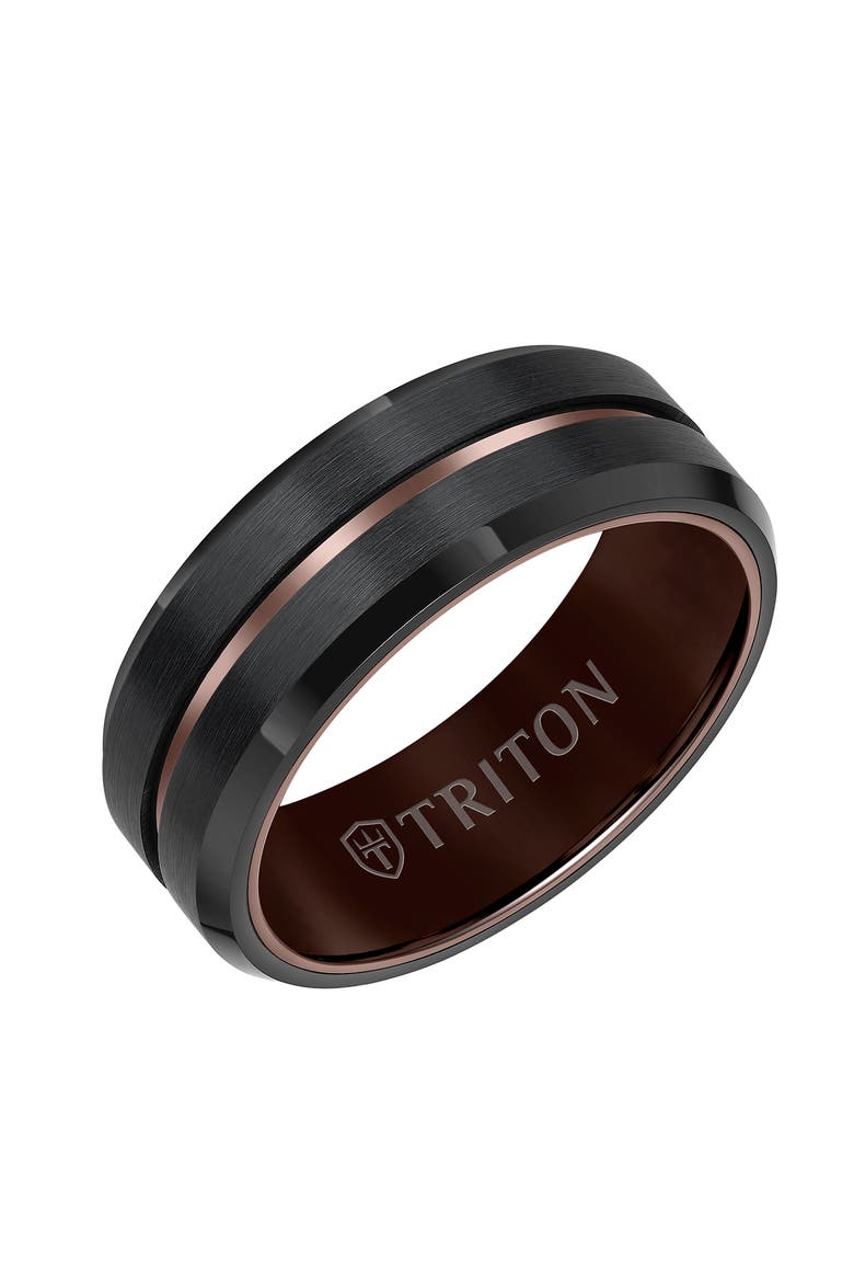 8MM Tungsten Carbide Ring with Satin Finish with Blue Center Line and Bevel Edge, Main, color, Brown