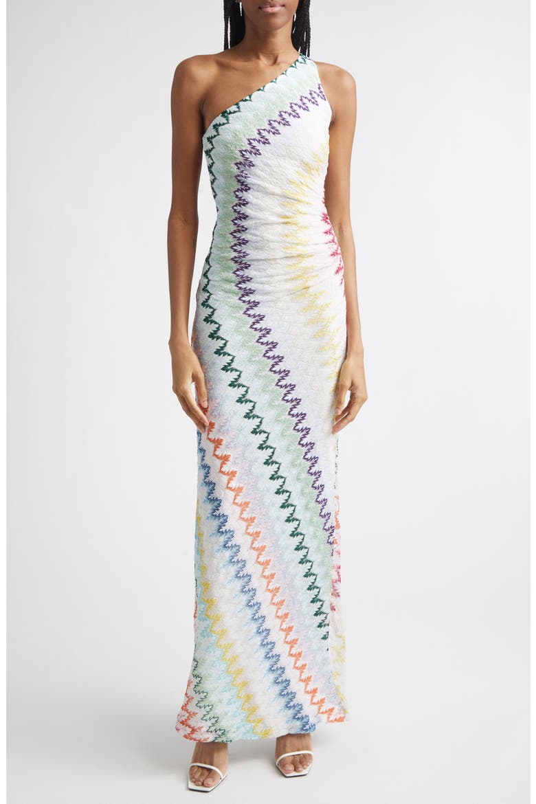Metallic Zigzag Raschel Knit One-Shoulder Dress, Alternate, color, MULTICOLOR ON WHITE BASE