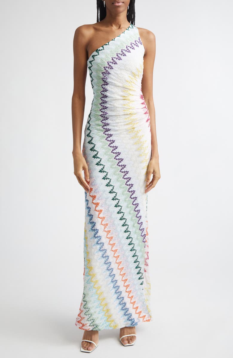 Missoni Metallic Zigzag Raschel Knit One-Shoulder Dress, Main, color, Multicolor On White Base
