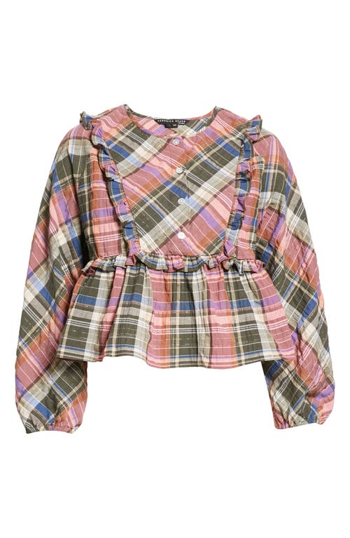 Veronica Beard Katalina Plaid Peplum Top In Olive/pink