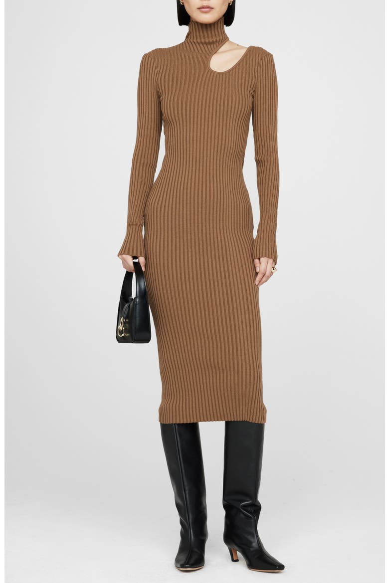 Victoria Cutout Ribbed Midi Dress, Main, color, CAMEL