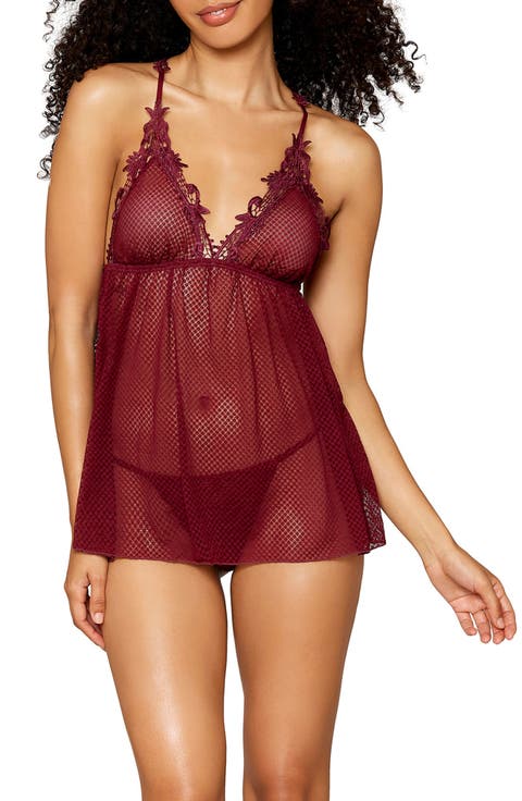 Lace Trim Mesh Babydoll Chemise & G-String Thong