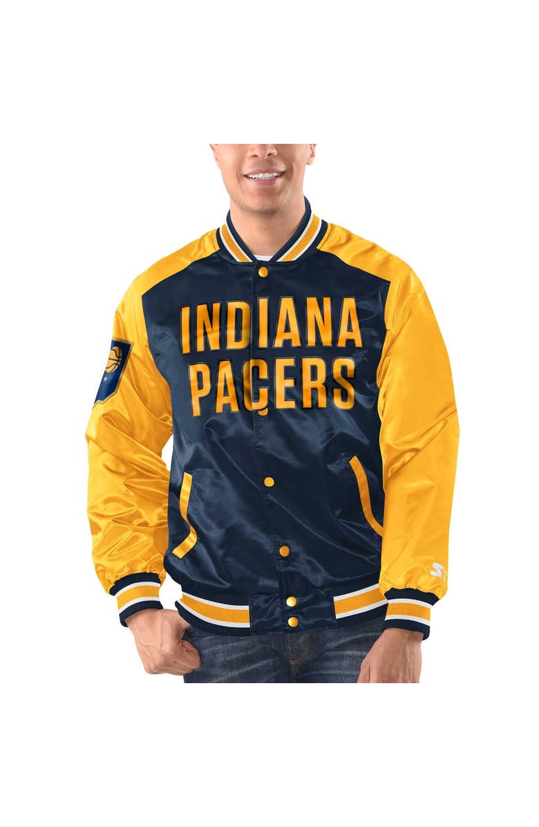 STARTER Men's Starter Navy/Gold Indiana Pacers Renegade Satin Full-Snap Varsity Jacket, Main, color, Navy