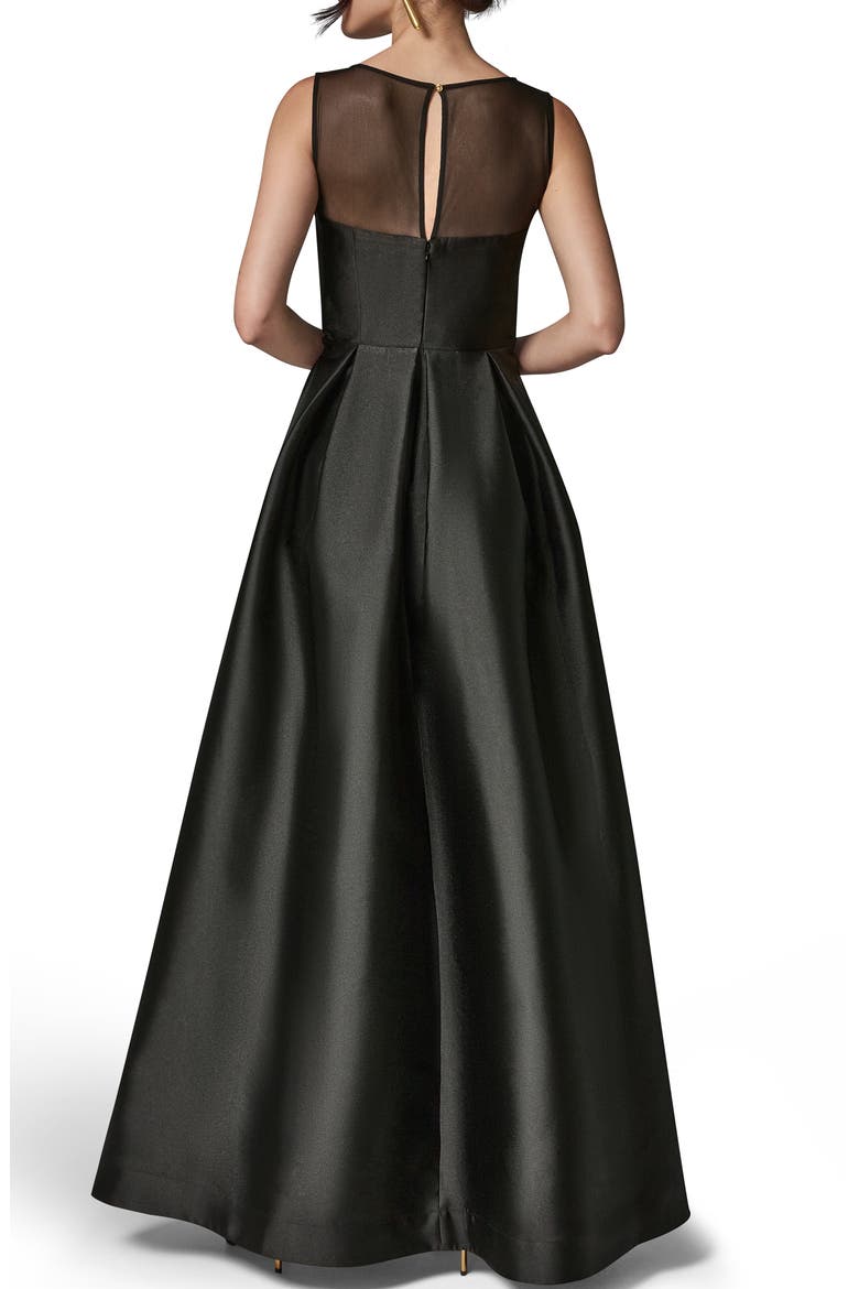 Mesh Yoke Fit & Flare Mikado Gown, Alternate, color, BLACK