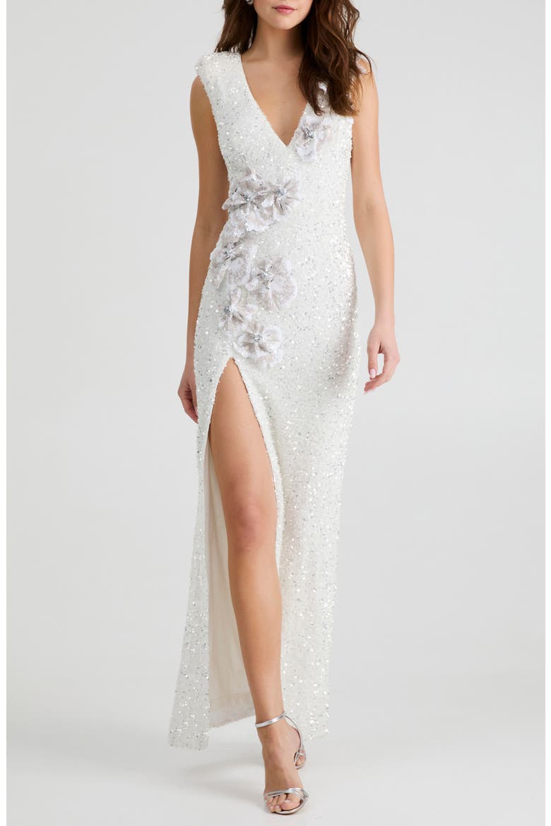 Gabriella Sequin Floral Appliqué Sleeveless Gown, Main, color, OFF WHITE