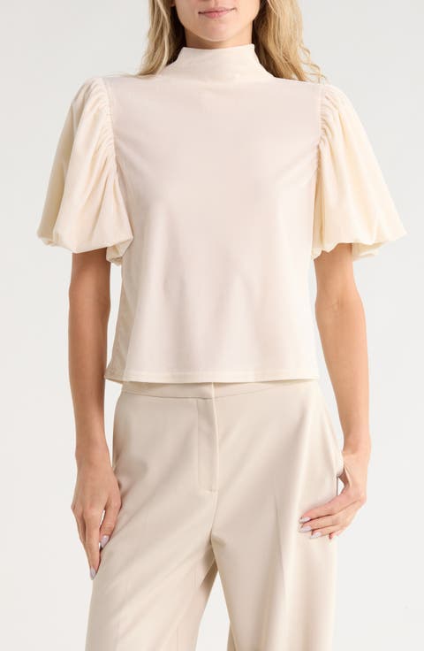 Velvet Mock Neck Puff Sleeve Top